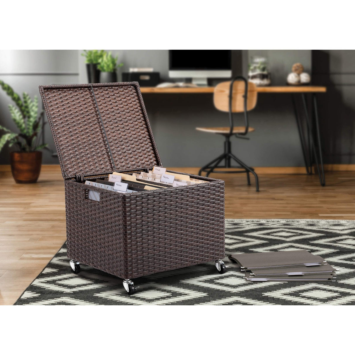Rolling File Box - Storage Cabinet with Wheels - Weatherproof Rattan-Style Resin Deck Chest
