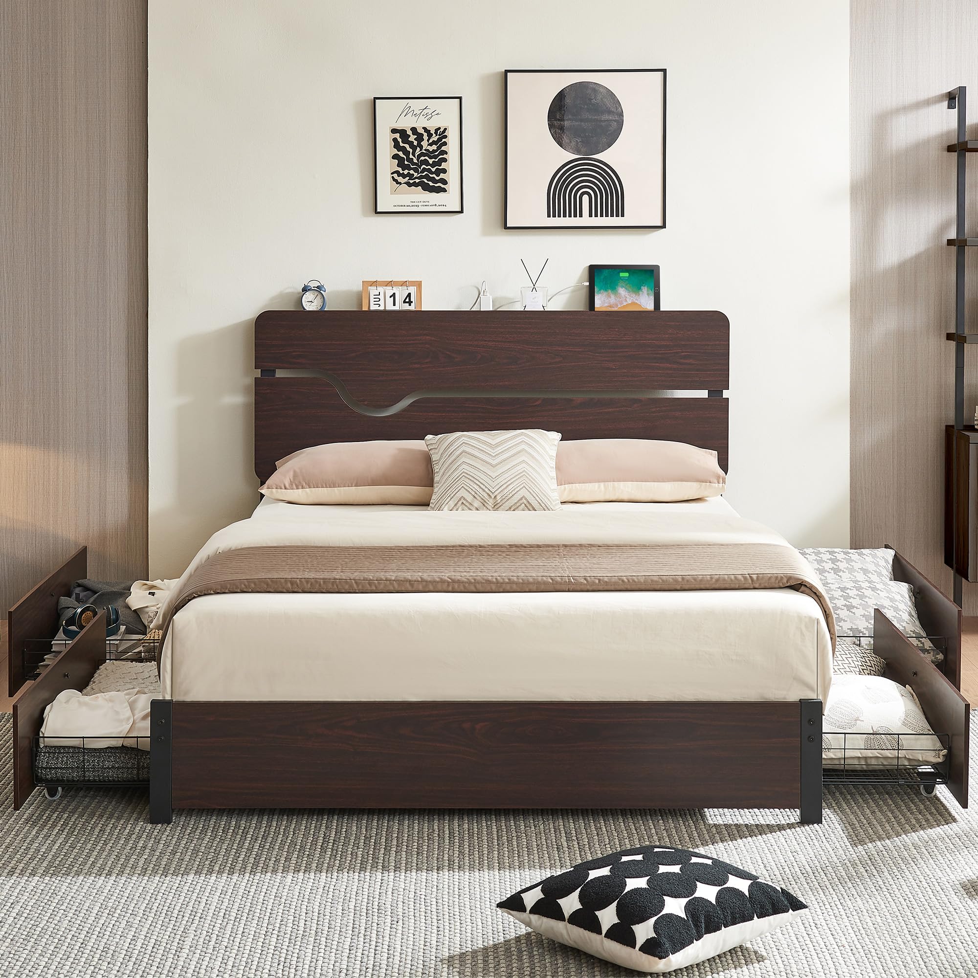 Queen Size Bed Frame with 4 Storage Drawers, Platform Bed Frame