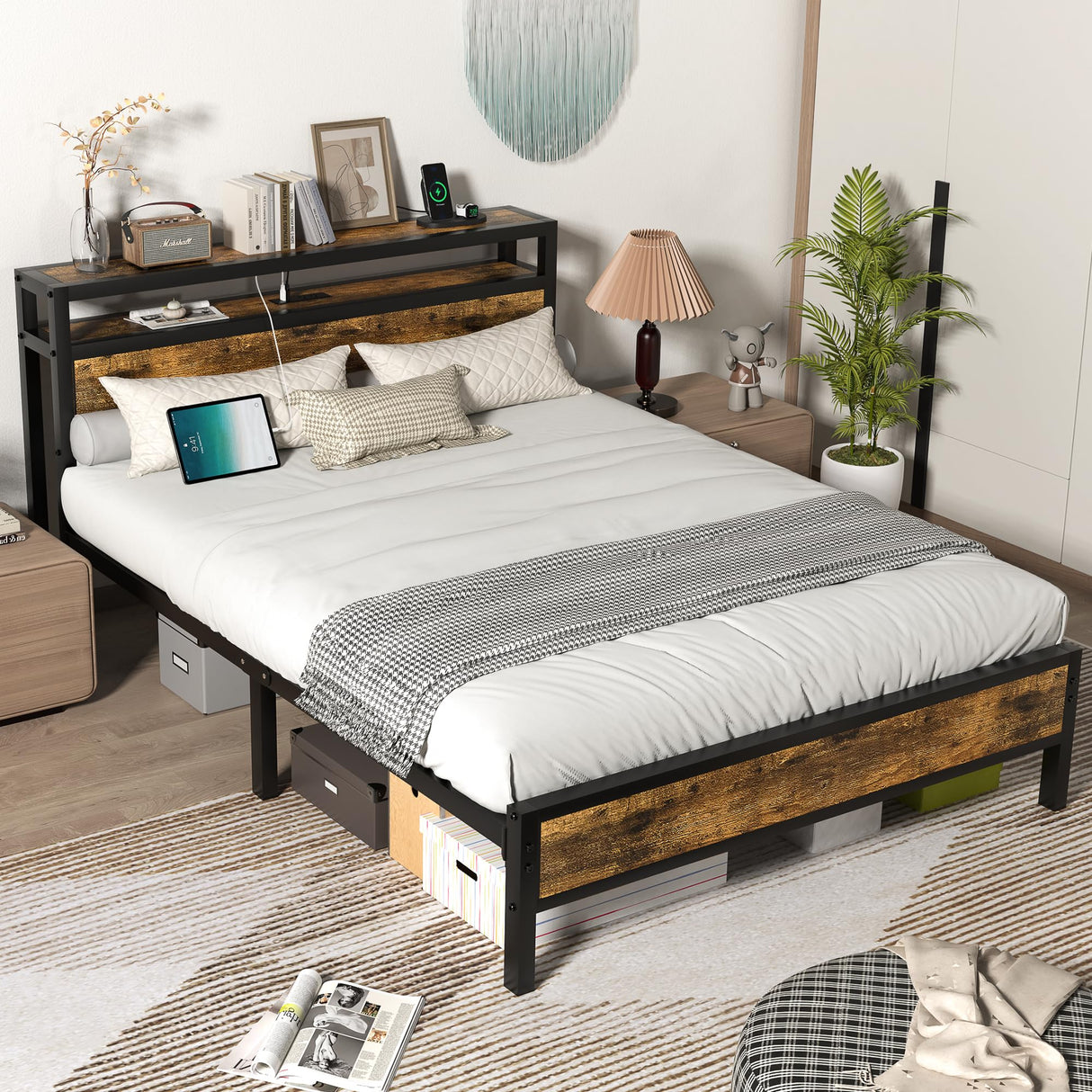 Full Bed Frame with Charging Station Headboard, Platform Bed with 2-Tier Storage Shelf,