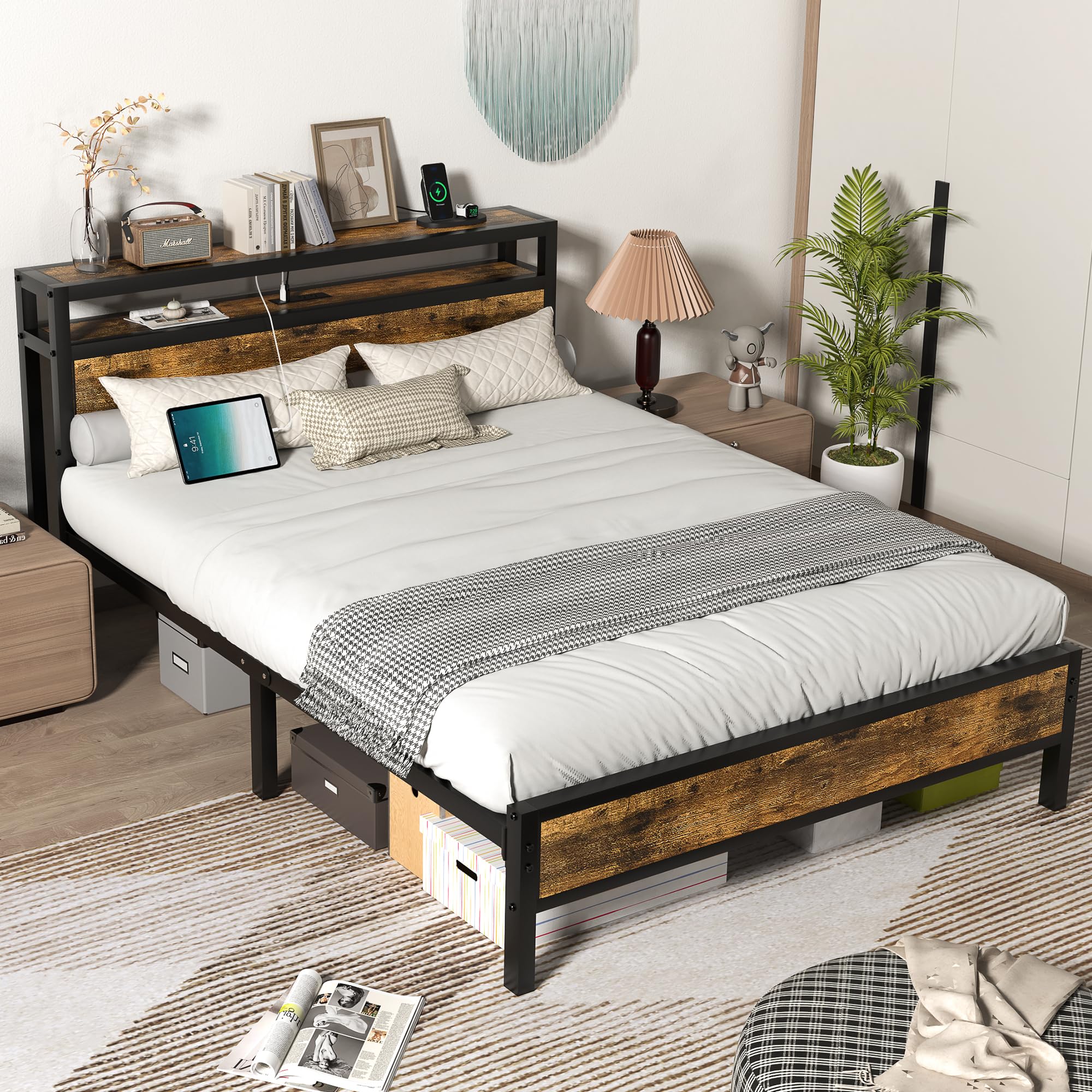 Full Bed Frame with Charging Station Headboard, Platform Bed