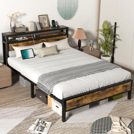 Full Bed Frame with Charging Station Headboard, Platform Bed with 2-Tier Storage Shelf,