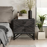 Modern 2-Drawer Nightstand, Contemporary Line Accent End Side Table with Black Metal