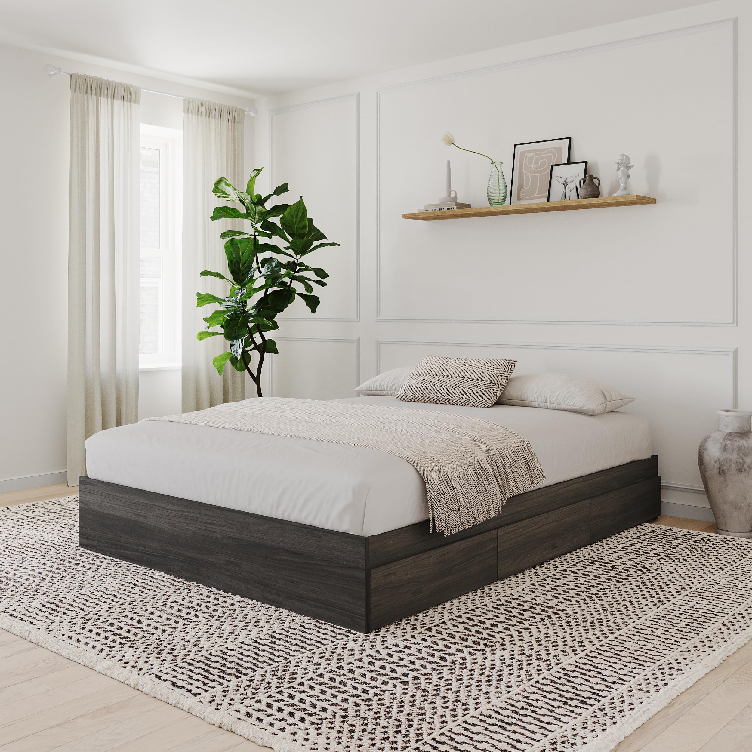 Grey Queen Size Storage Platform Bed