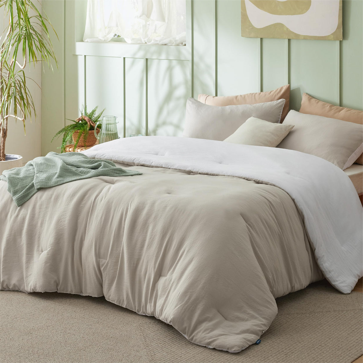 Bedding Comforter Sets Full, Reversible Beige and White Prewashed Bed Comforter