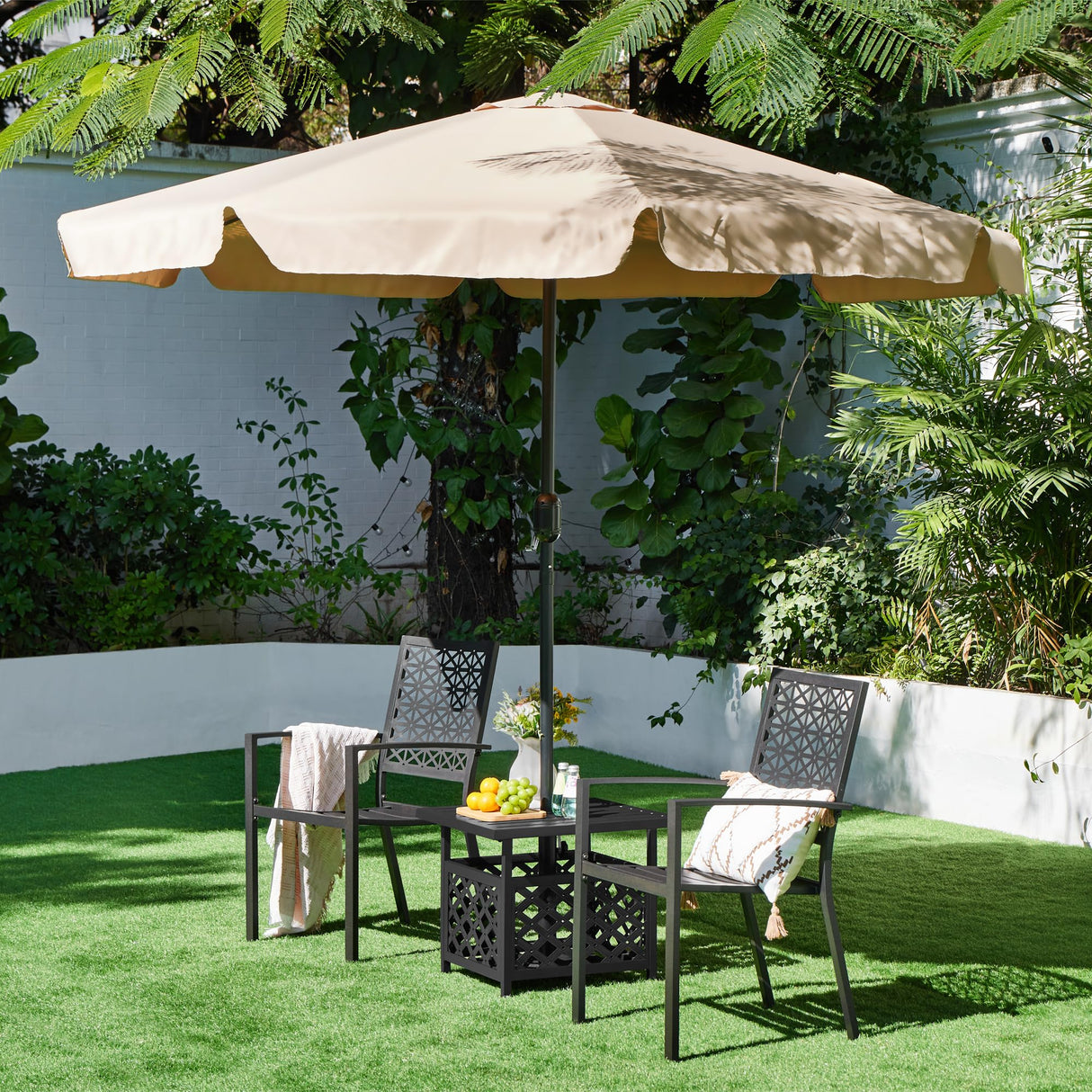 Yaheetech Outdoor Side Table with Umbrella Hole, Outdoor Table Base Metal Patio Side Table Coffee Table End Table for Garden, Pool, Deck - Bircata