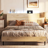 Queen Wood Bed Frame with Ergonomic Headboard, RGB Lights, Outlets & Charger,