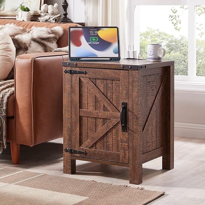 Nightstand with Charging Station, 18 Inch Farmhouse End Table with Barn Door and Adjustable Storage Shelf