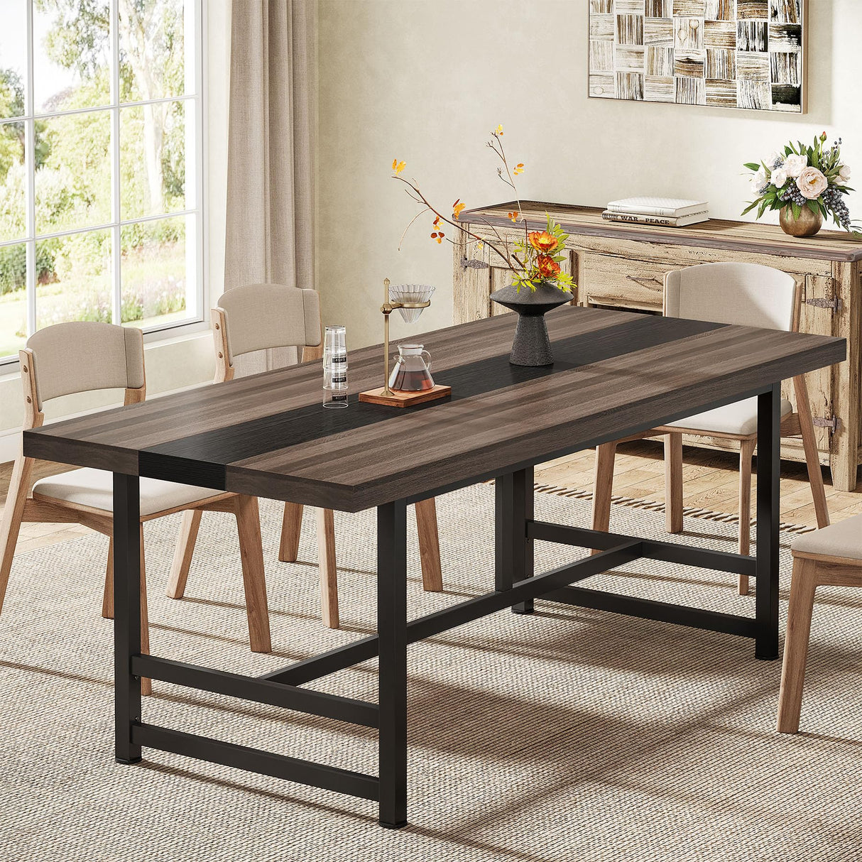 Dining Table for 6-8, 70" Rustic Kitchen Table with Metal Frame