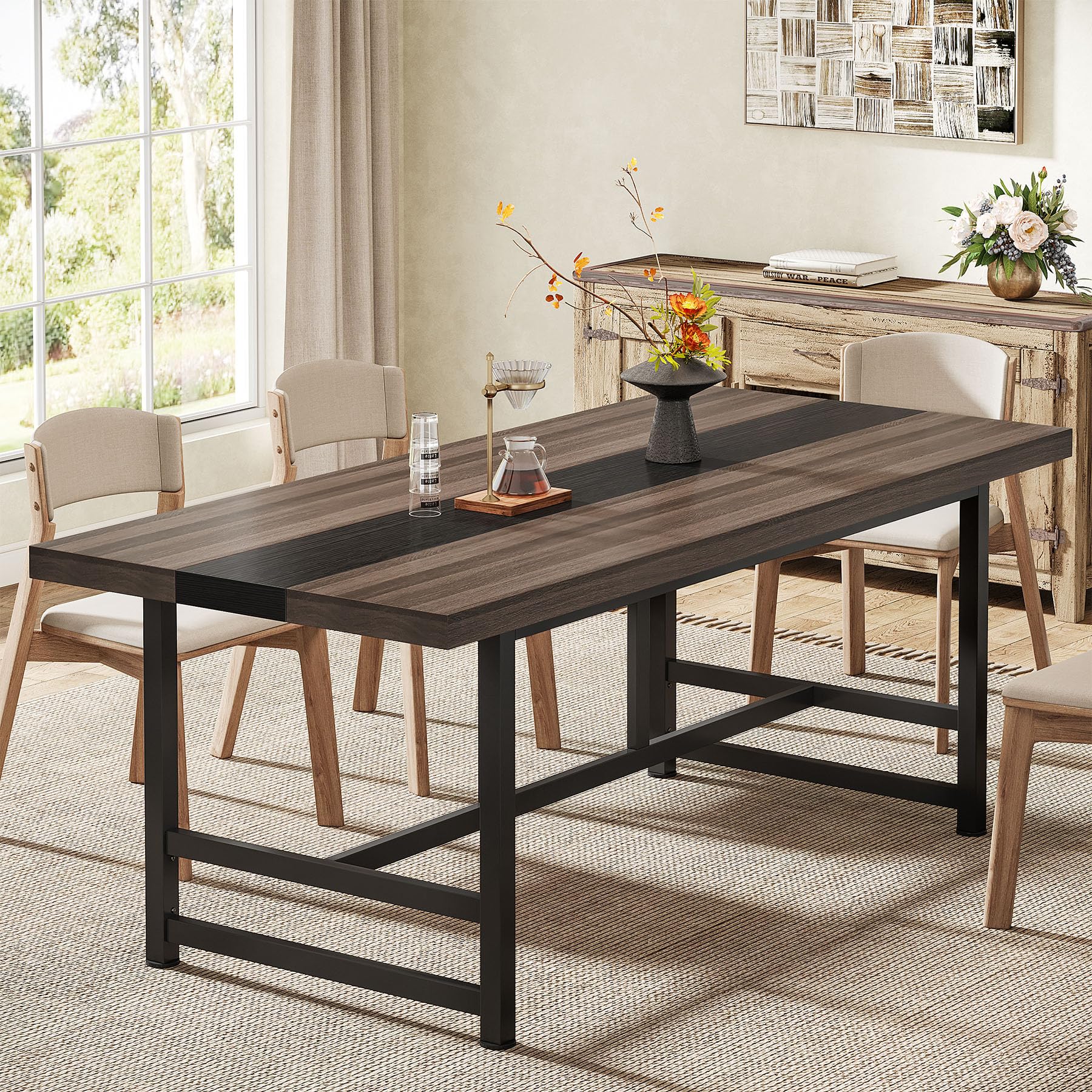 Dining Table for 6-8, 70" Rustic Kitchen Table with Metal Frame