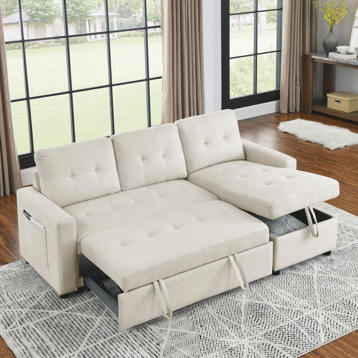 Reversible Sectional Sofa with Pull-Out Sleeper Bed, L-Shape 3-Seater Convertible Corner Sofa&Couches with Storage Chaise and Side Pockets ,Button Tufted Upholstery Couch for Living Room Furniture