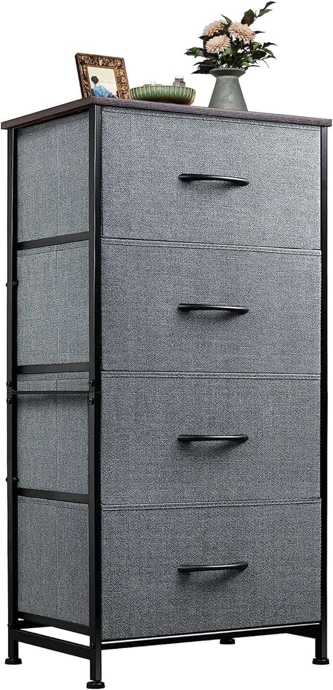 Dresser with 4 Drawers, Fabric Storage Tower, Organizer Unit for Bedroom