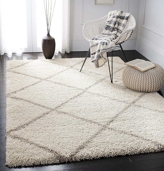 S Hudson Shag Collection Area Rug - 8' x 10', Ivory & Beige, Modern Trellis Design