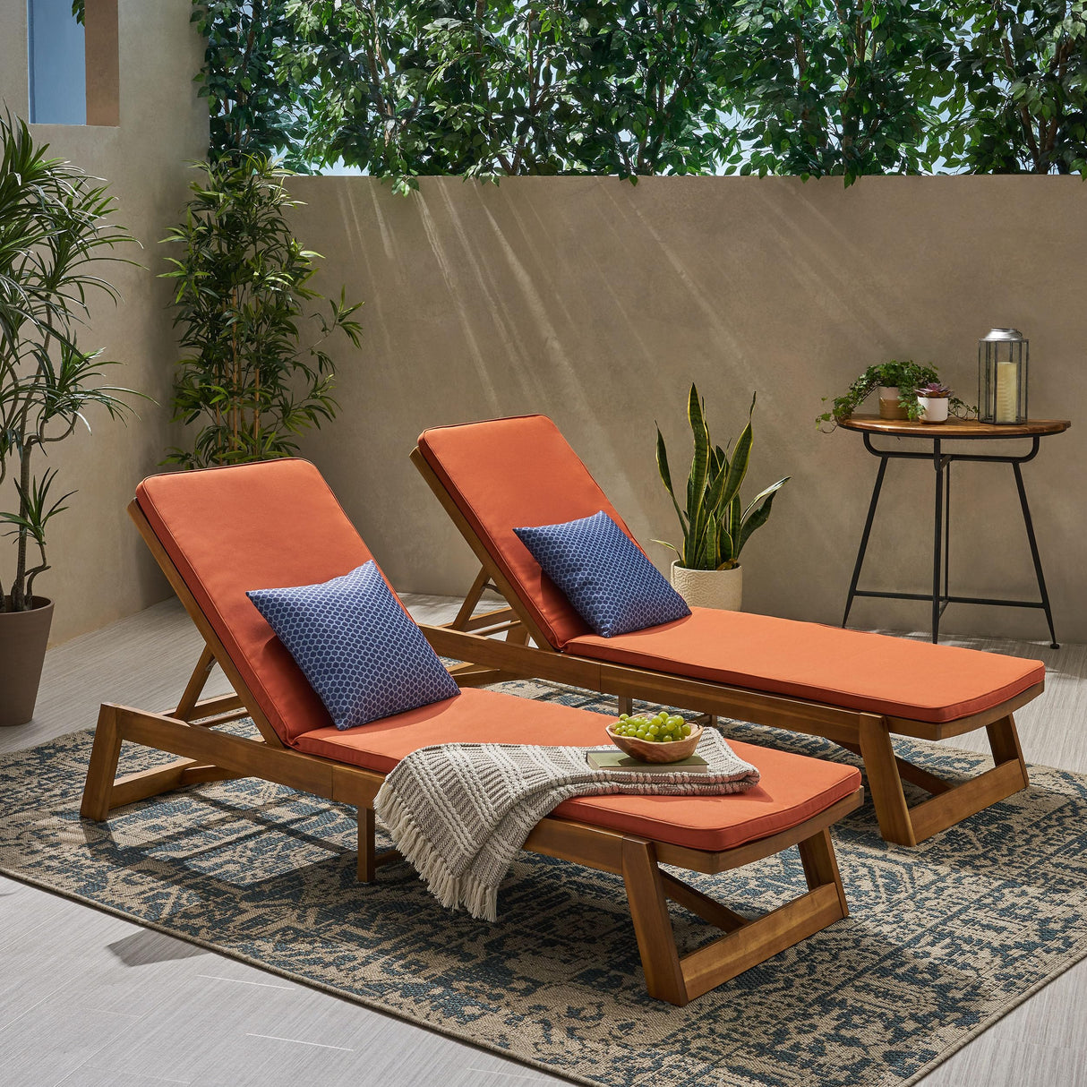 Maki Outdoor Acacia Wood Adjustable Chaise Lounge and Cushion Sets (Set of 2)