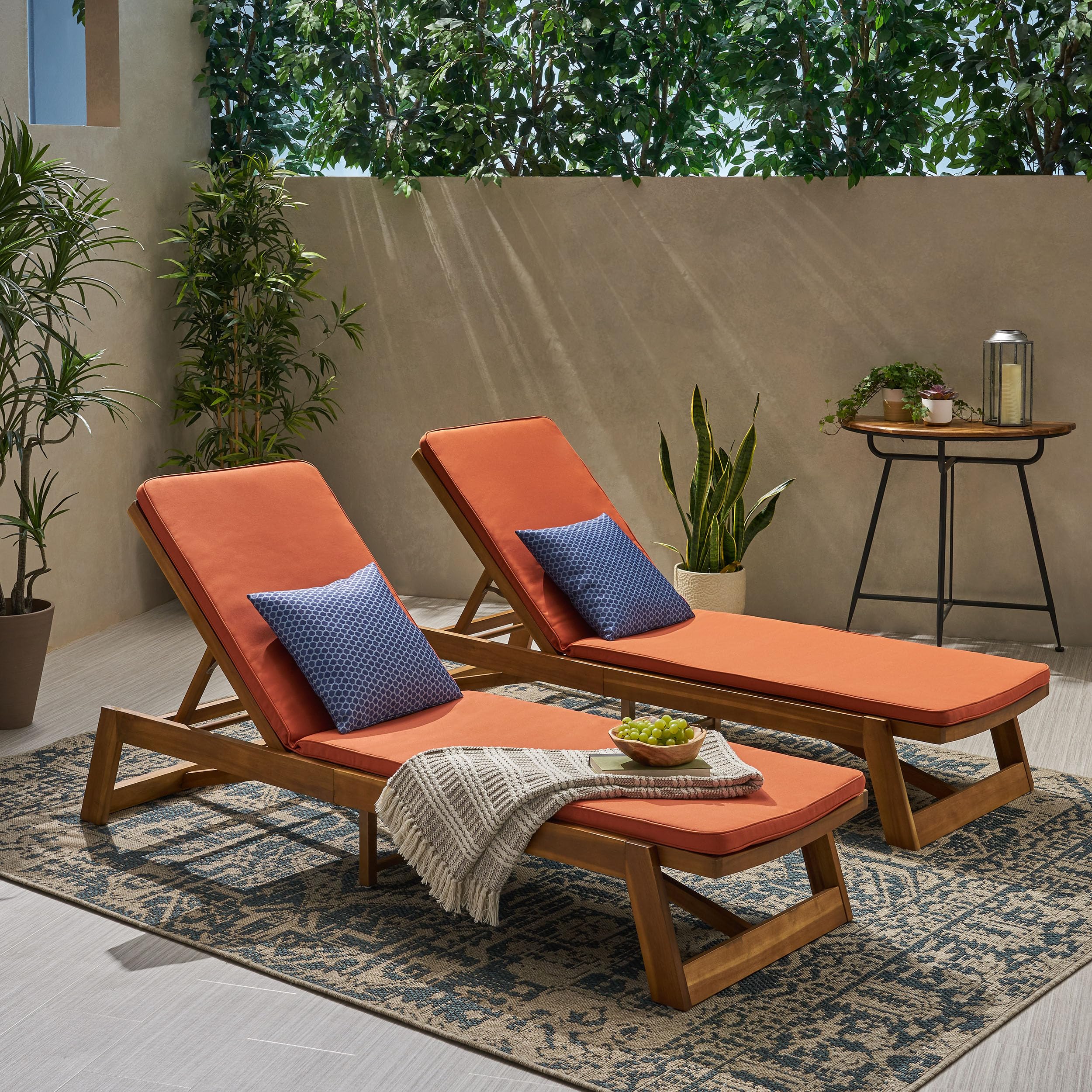 Maki Outdoor Acacia Wood Adjustable Chaise Lounge and Cushion Sets (Set of 2)