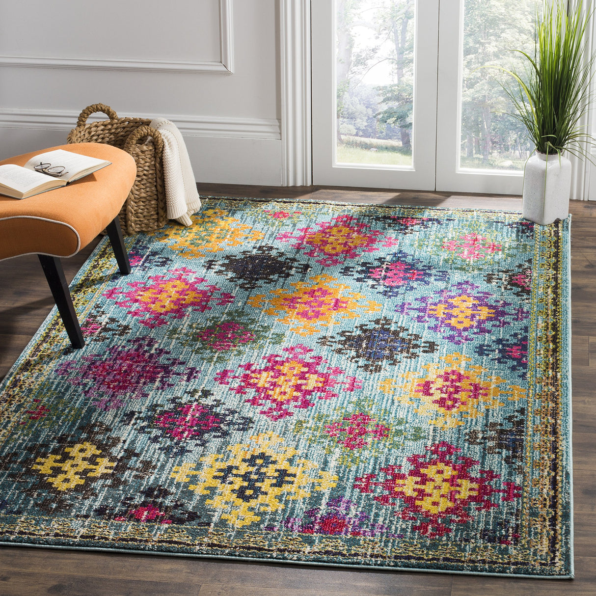 Monaco Collection Area Rug - 6'7" x 9'2", Blue & Multi, Boho Diamond Trellis Design, Non-Shedding & Easy Care, Ideal for High Traffic Areas in Living Room, Bedroom (MNC244N)