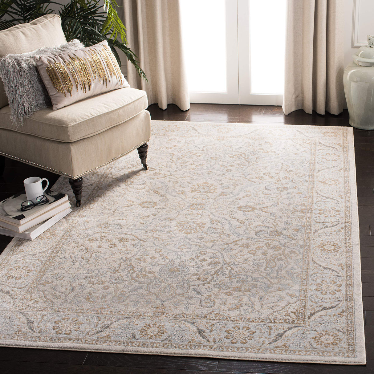 Isabella Oriental Area Rug 9' x 12' - Cream & Beige Non-Shedding