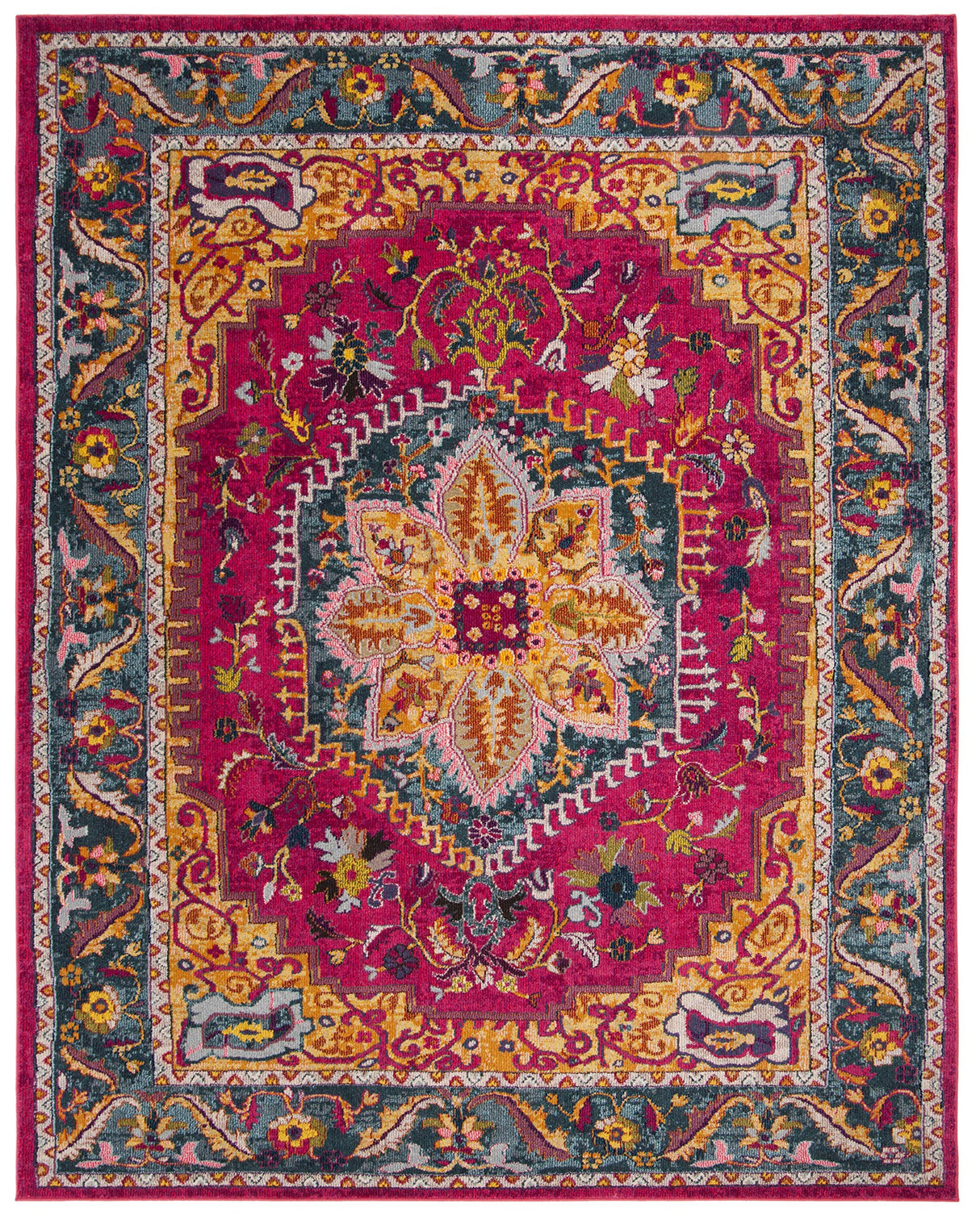 Phoenix Collection Area Rug 10' x 14' - Fuchsia Blue Boho Oriental Medallion