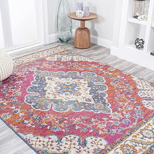 Boho Vintage Blue Multi 8' Round Area Rug - Medallion Floral Design