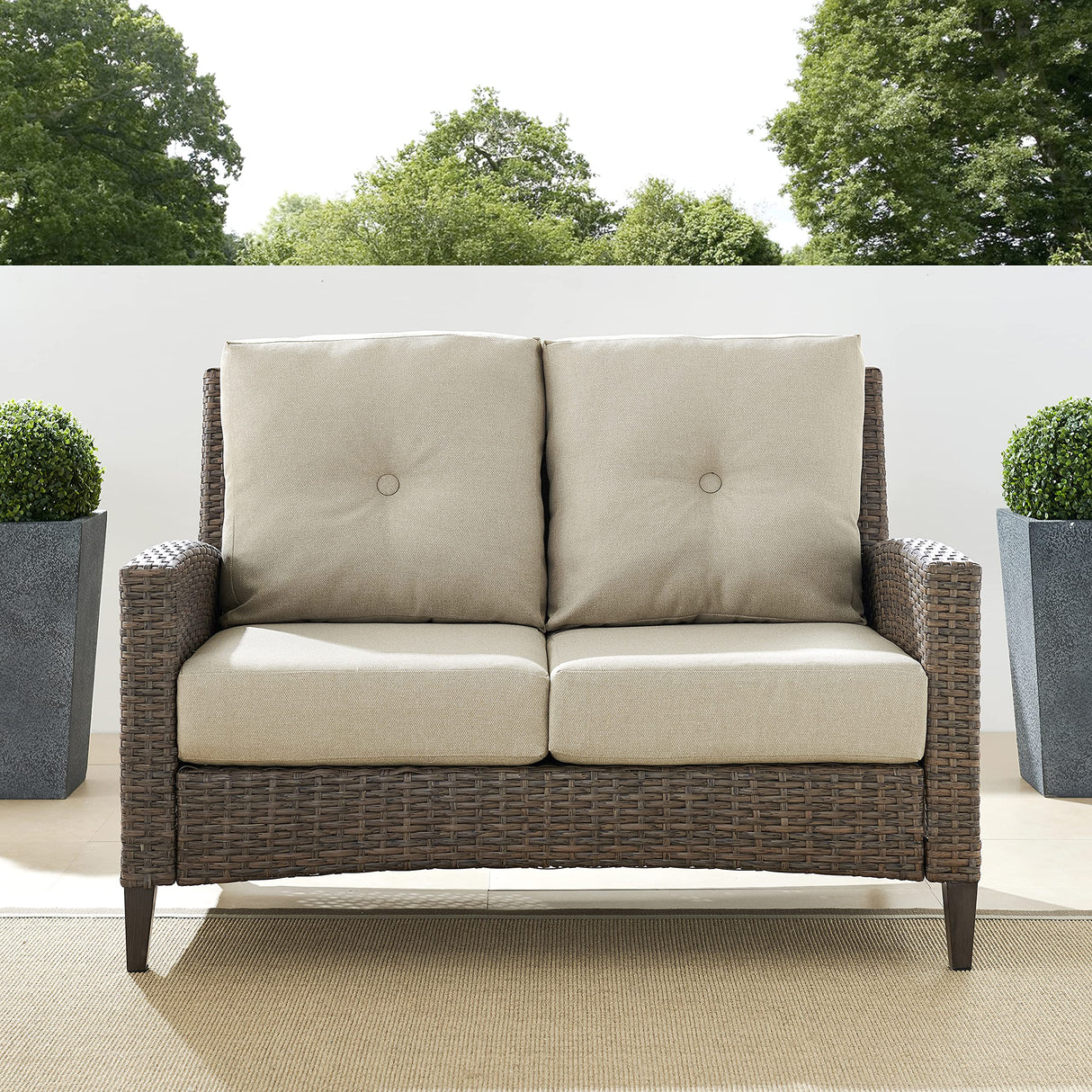 Crosley Furniture Rockport Wicker Outdoor Loveseat, 2-Person Patio Couch for Porch, Deck, Backyard, Balcony, Light Brown