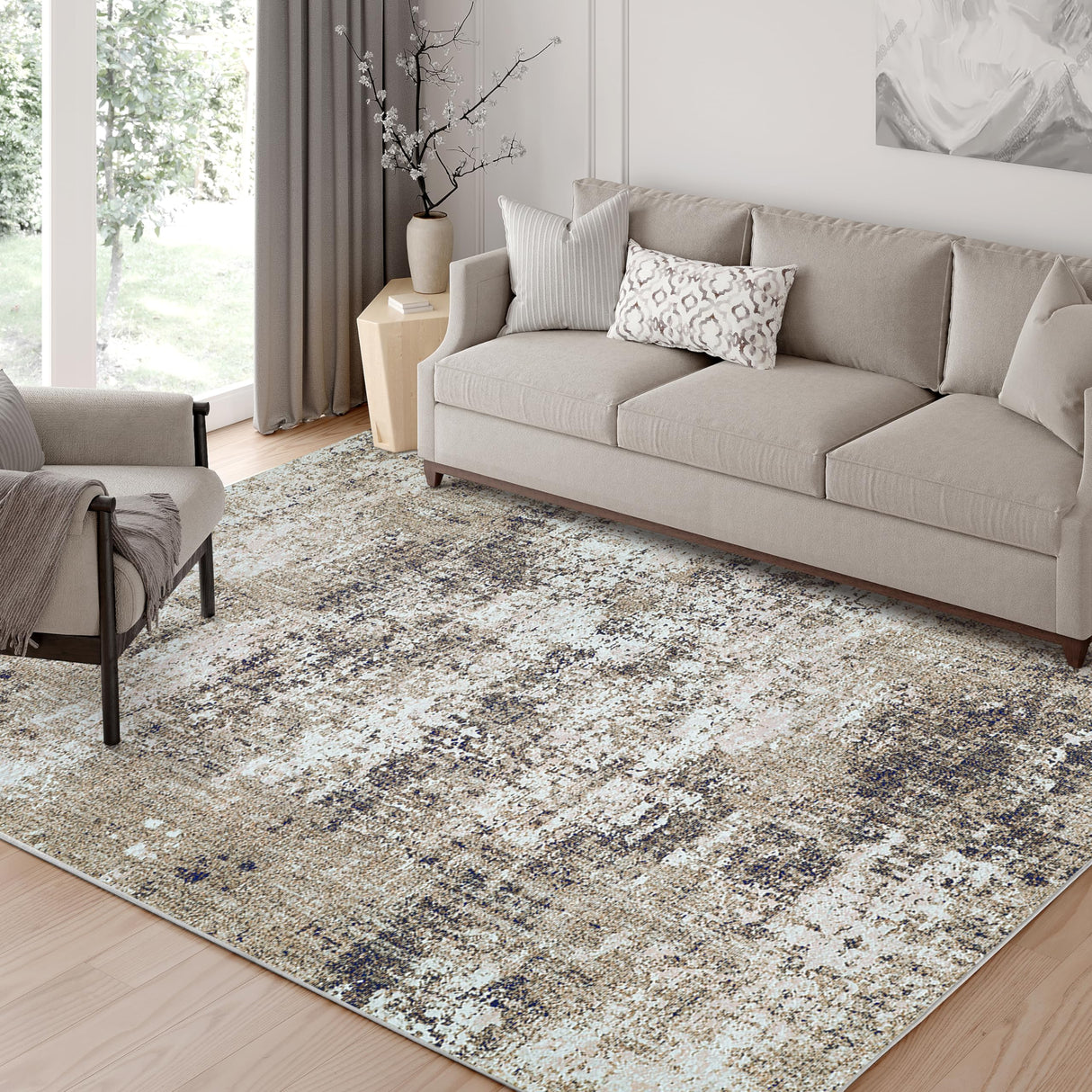 Modern Abstract Taupe Rug 5x7 Machine Washable Living Room Area Rug Kitchen Brown