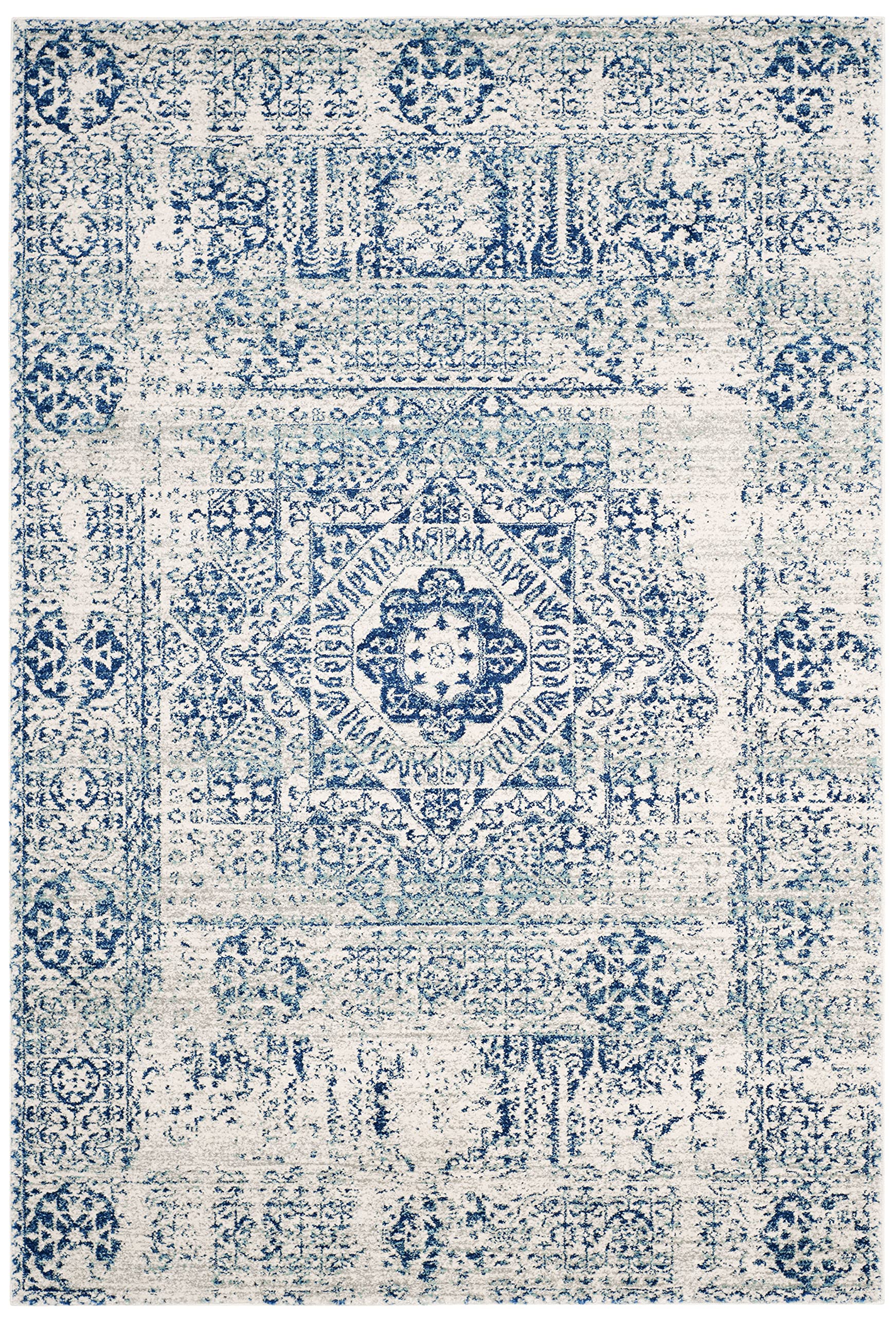 Evoke Collection 8' x 10' Ivory/Blue EVK260C Oriental Medallion Distressed Non-Shedding