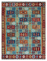 Aspen Collection Area Rug - 9' x 12', Blue & Red, Handmade Boho Tribal Wool, Ideal for High Traffic Areas in Living Room, Bedroom (APN503A)