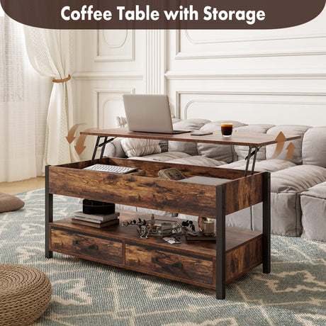 41.7" Lift Top Coffee Table, Coffee Tables for Living Room with 2 Drawers and Hidden Compartment,