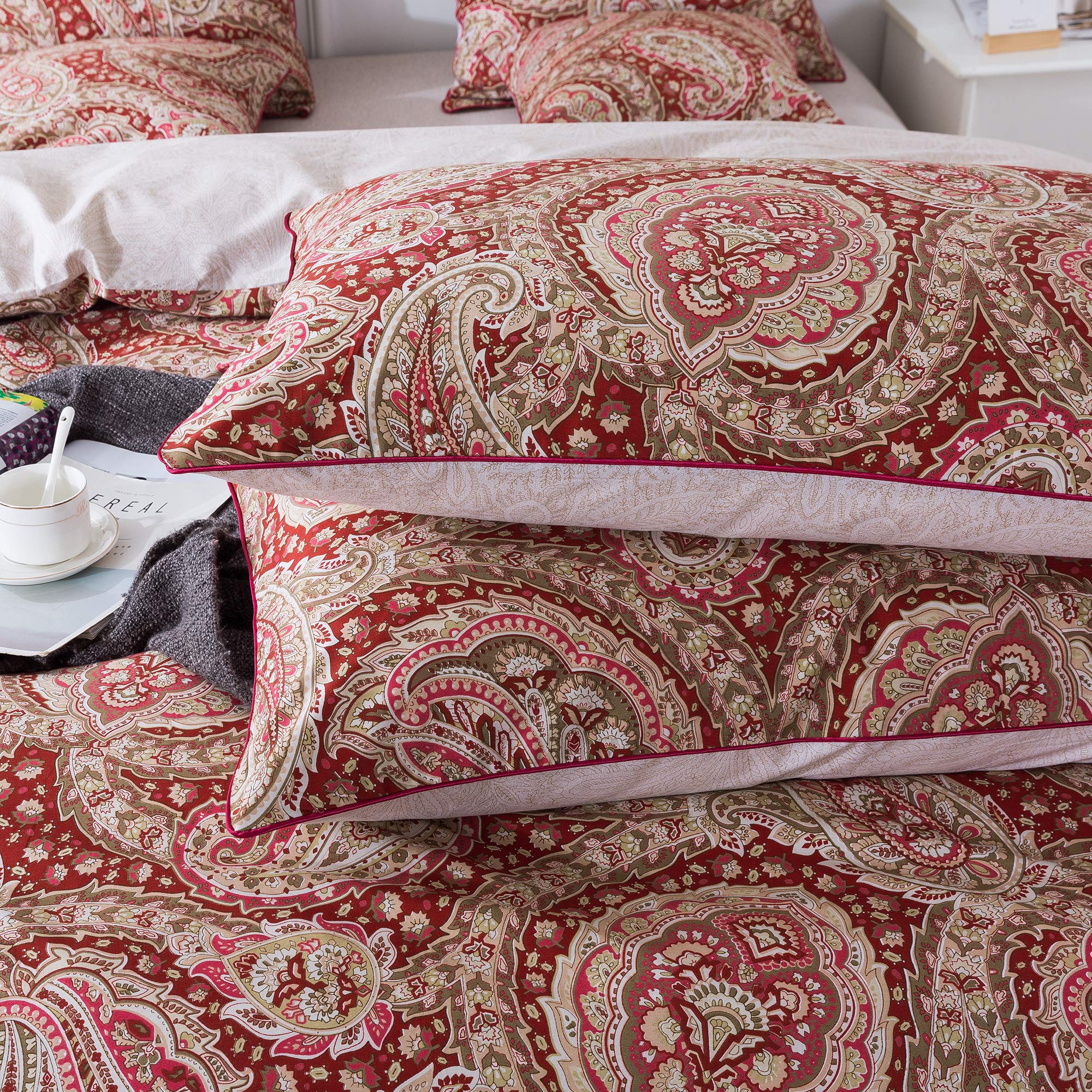 Paisley Duvet Cover Set Queen Red and Beige Reversible Paisley Floral Bedding 100%