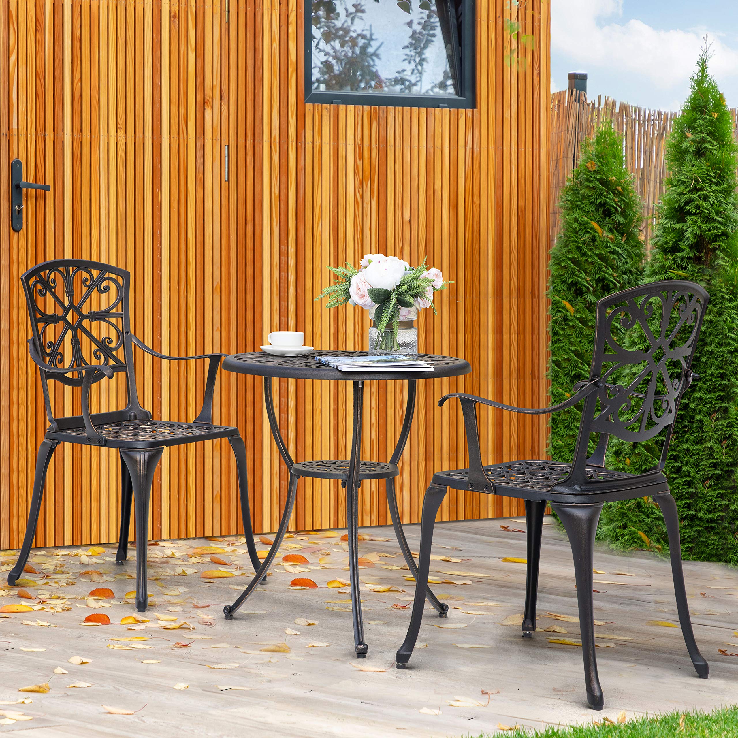 NUU GARDEN 3 Piece Outdoor Bistro Set Cast Aluminum Patio Set Bistro Table Set Rustproof Patio Table and Chairs with Umbrella Hole for Backyard, Balcony, Front Porch, Black