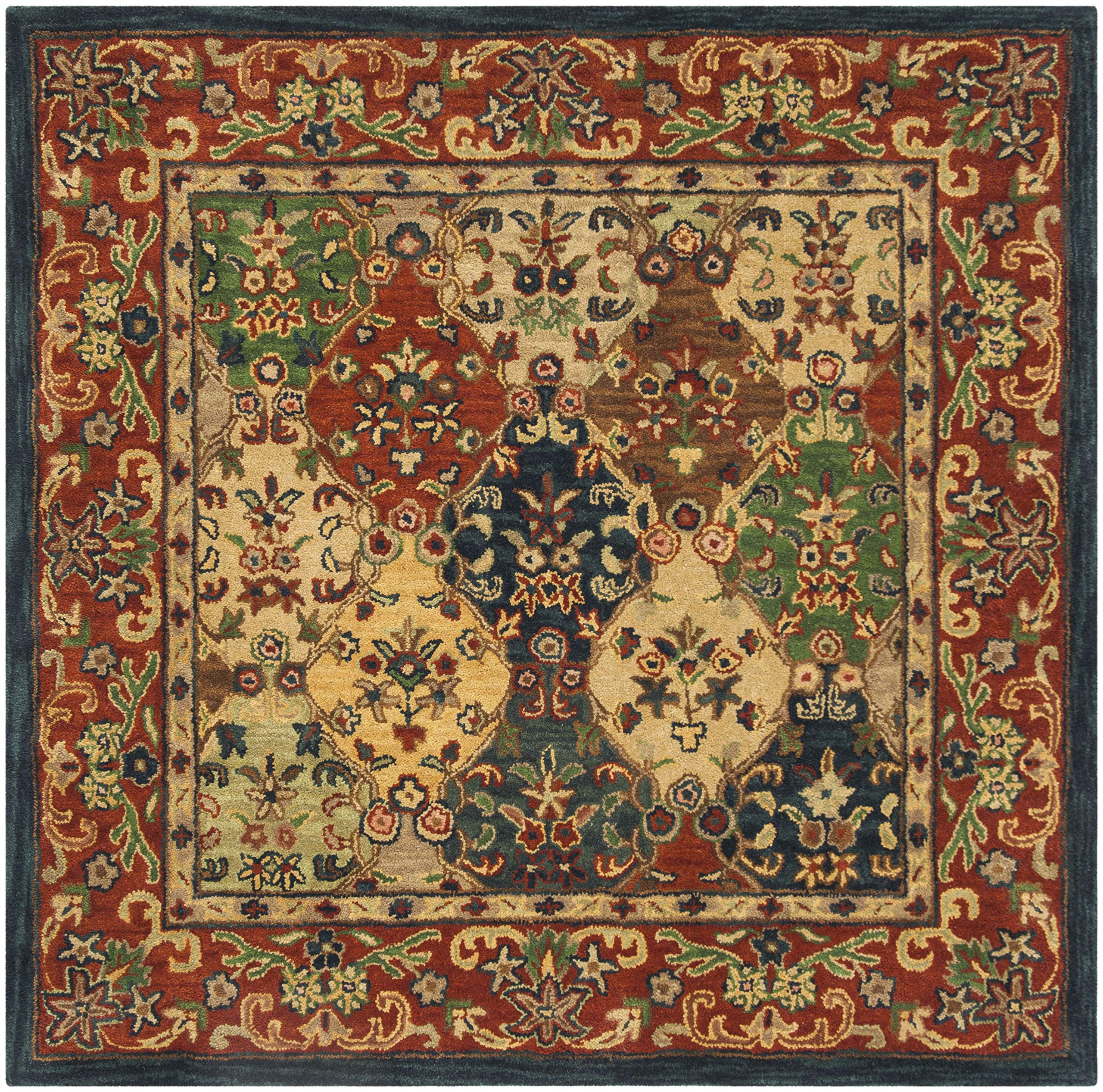 Heritage Collection 6' Square Beige / Burgundy HG911B Handmade Traditional Oriental Premium Wool Area Rug