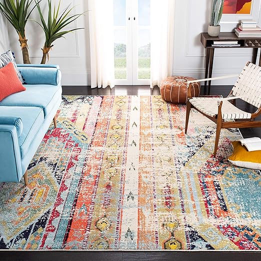 Madison Boho Tribal Area Rug 10' x 14' - Green Orange Distressed Design