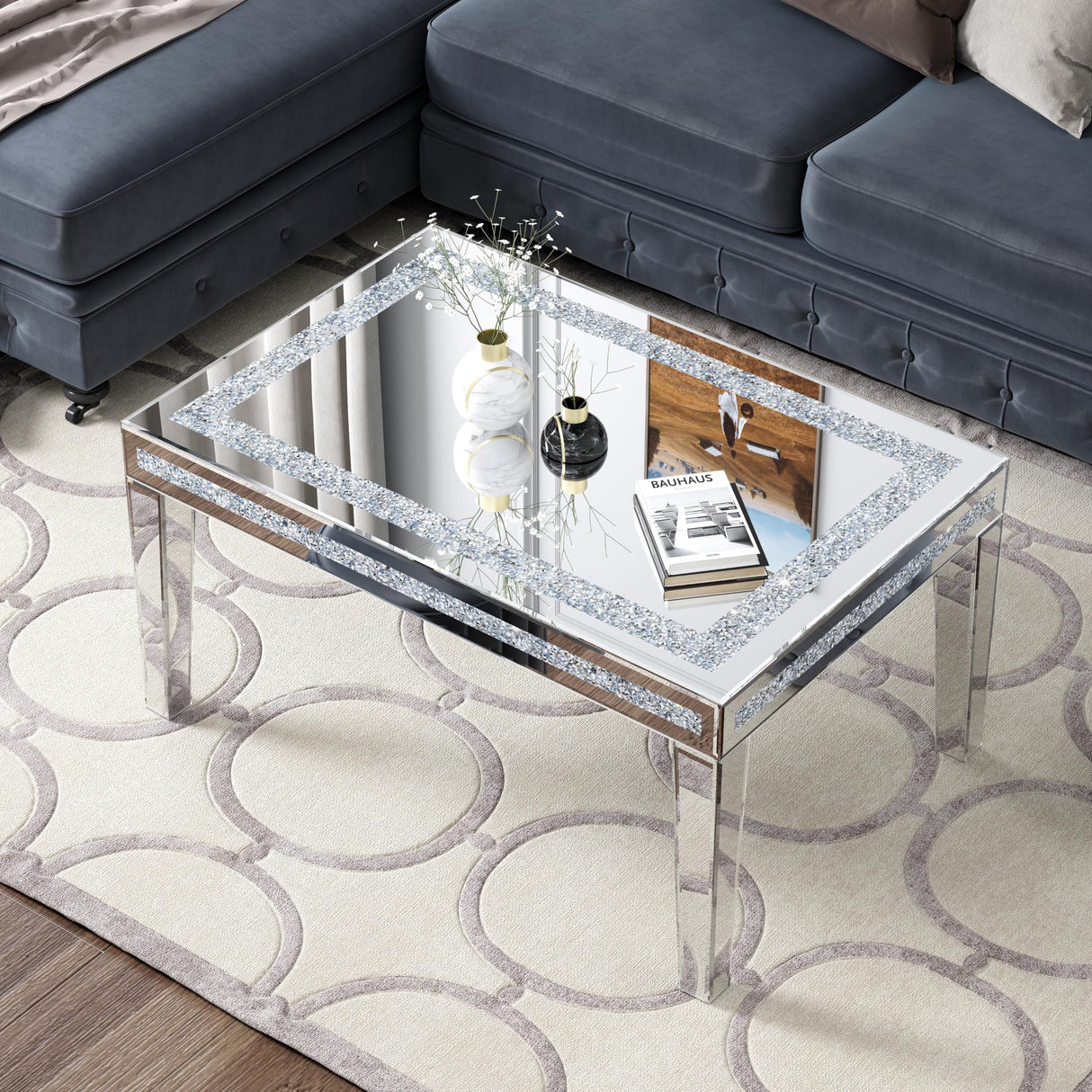 Silver Coffee Table with Crystals Inlay, 35 inches Modern Contemporary Accent Side or Coffee Table for