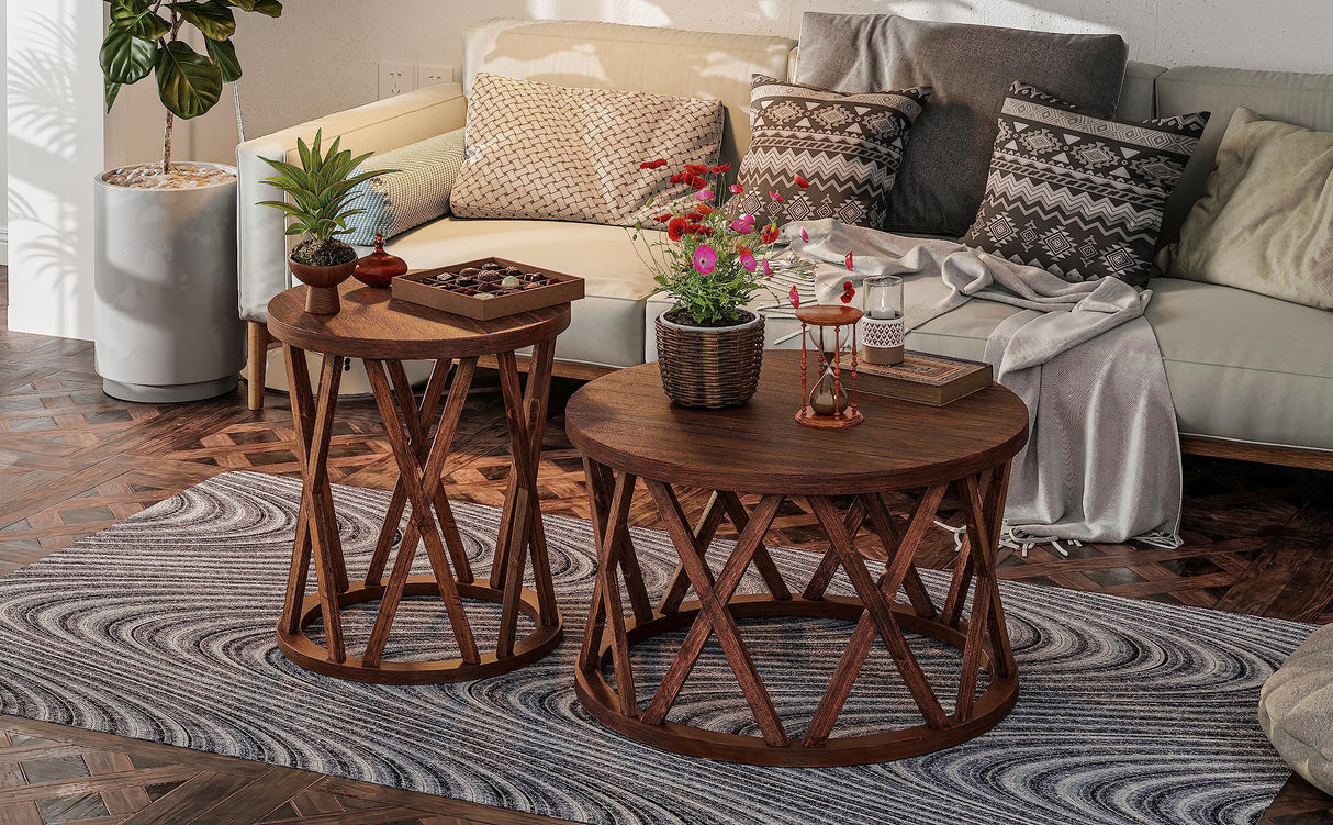 Farmhouse End Table, Rustic Round Side Table with X-Motifs Legs, Wood Textured Top