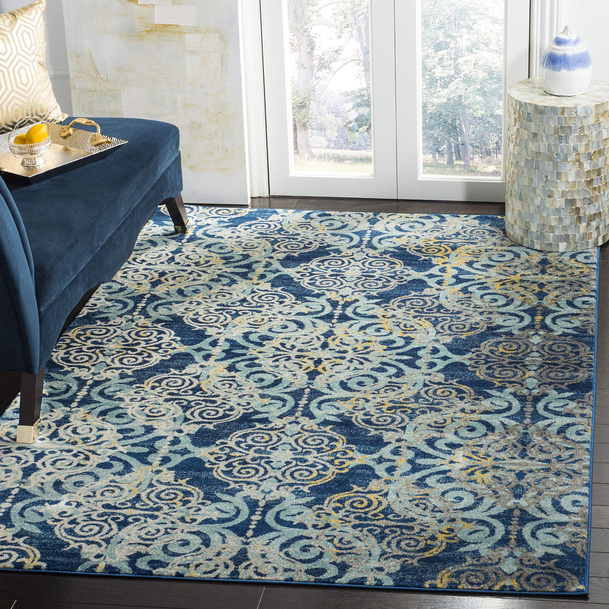 Evoke Collection 8' x 10' Royal / Light Blue EVK230A Medallion Damask Non-Shedding Living Room