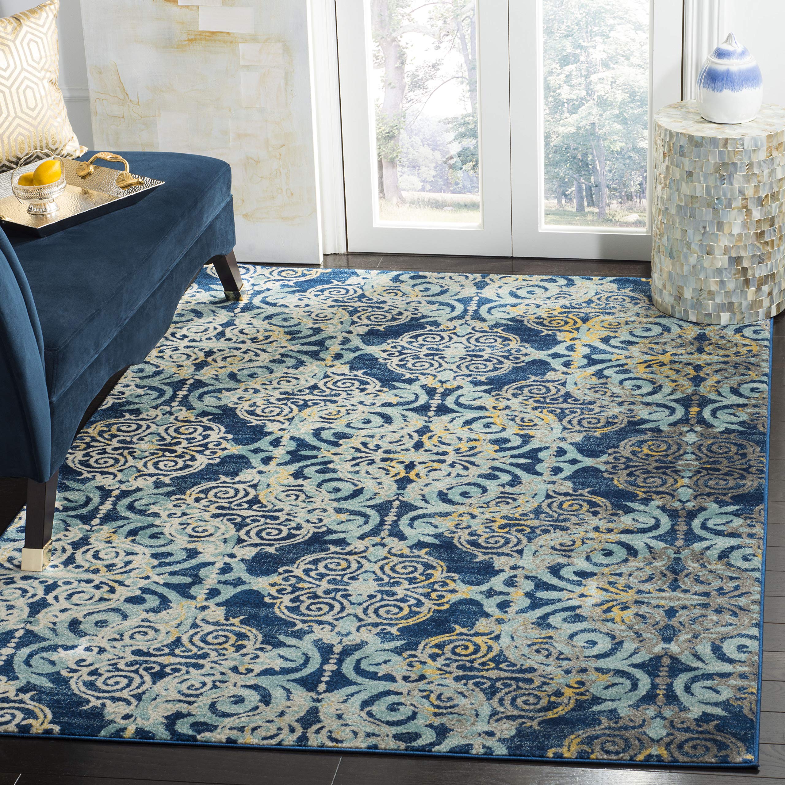Evoke Collection 8' x 10' Royal / Light Blue EVK230A Medallion Damask Non-Shedding Living Room