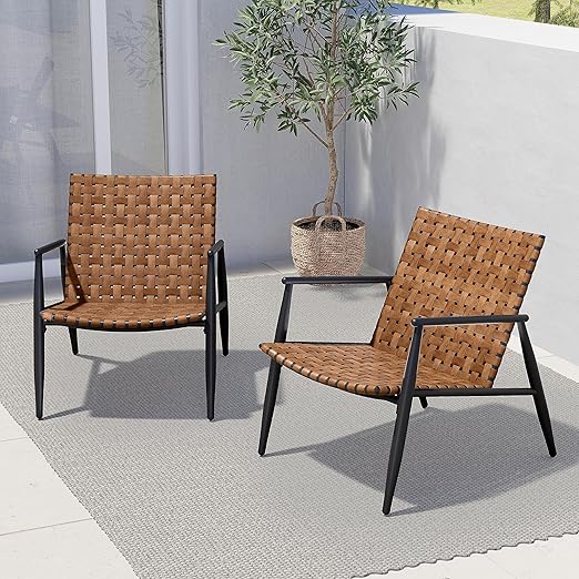 Outdoor Bistro Set 3 Pieces Leather-Look Wicker Patio Chairs Set