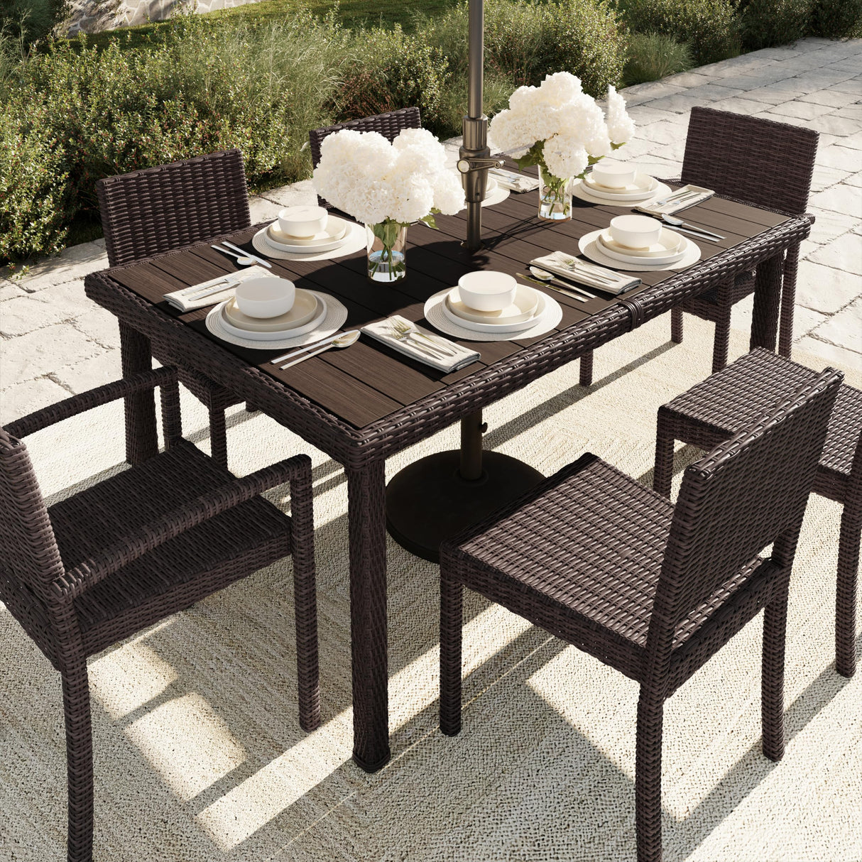 Bedford 60" Indoor-Outdoor Patio Table with Faux Wood Top and Rattan Wicker