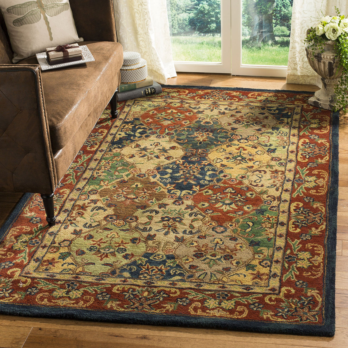 Heritage Collection 6' Square Beige / Burgundy HG911B Handmade Traditional Oriental Premium Wool Area Rug
