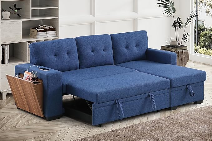 Shaped Corner Sleeper Sectional Sofa Modern Linen Upholstered Convertible Sofabed