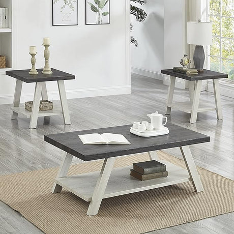 Athens Contemporary 3-Piece Wood Shelf Coffee Table Set, 24D x 48W x 19H