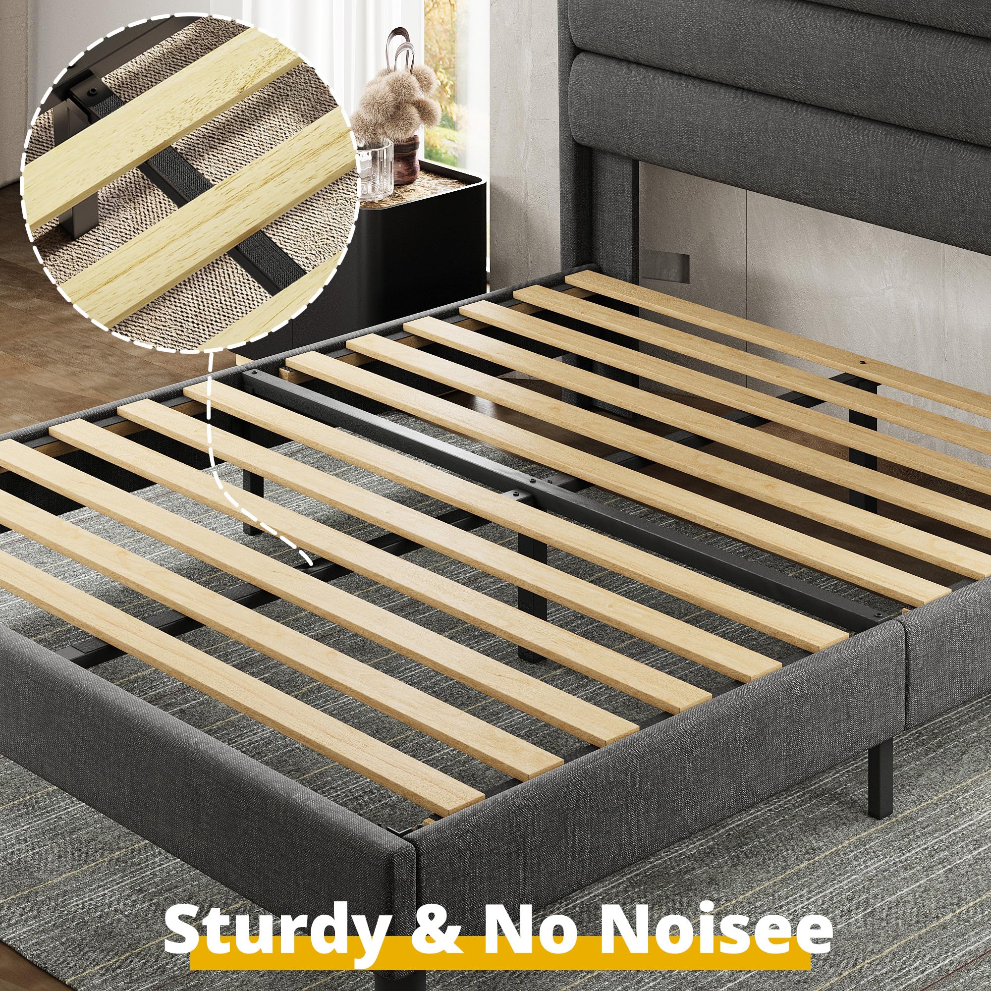 Queen Size Bed Frame, Storage Headboard with Outlets, Sturdy and Stable