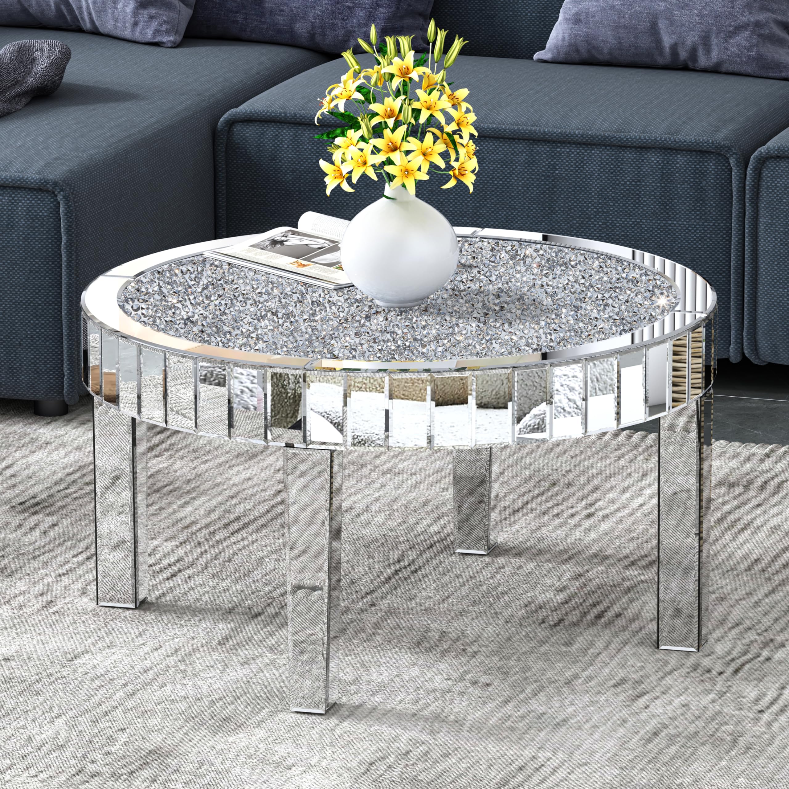Mirrored Coffee Table with Crystal Inlay, 31.5'' Modern Round Coffee Table with Mirror Surface,