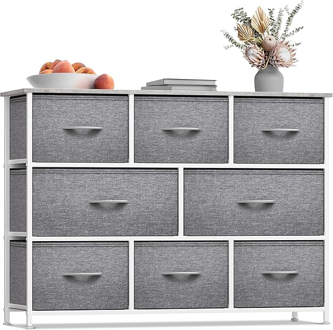 Dresser with 8 Faux Wood Drawers - Chest Organizer Unit with Steel Frame Wood Top & Handle Easy Pull Fabric