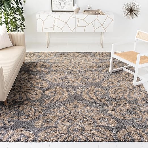 Florida Shag Area Rug 8'6" x 12' - Smoke & Beige Damask