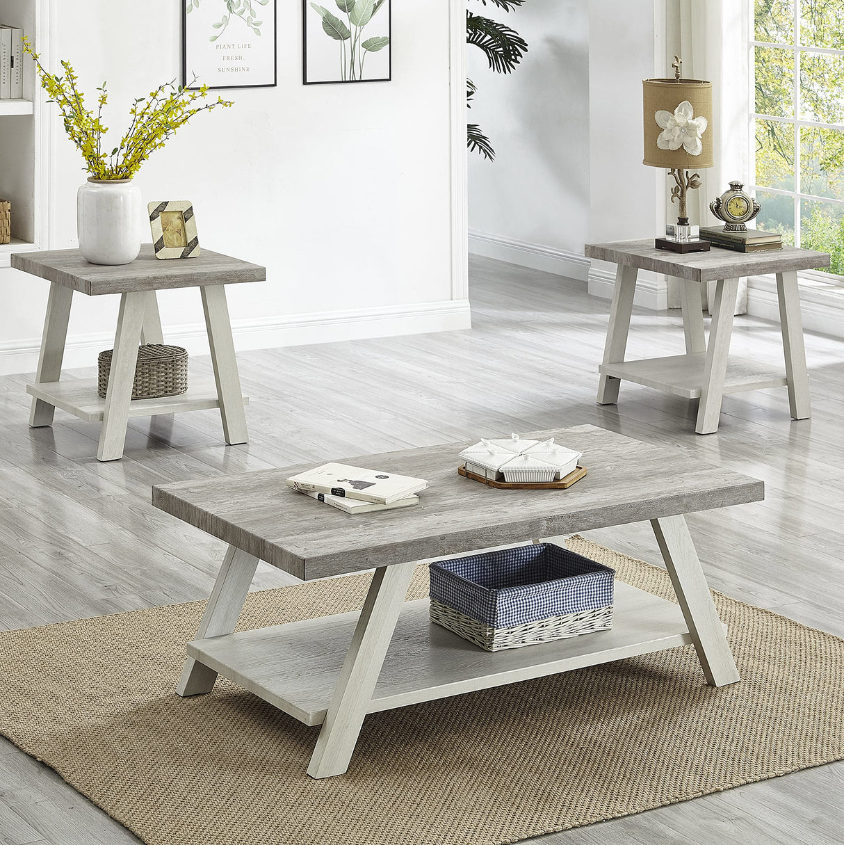 Athens Contemporary 3-Piece Wood Shelf Coffee Table Set, 24D x 48W x 19H