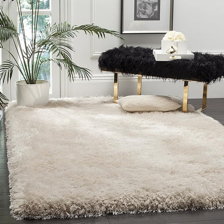 Luxe Shag Collection Area Rug - 8' Square, Ivory, Handmade Glam