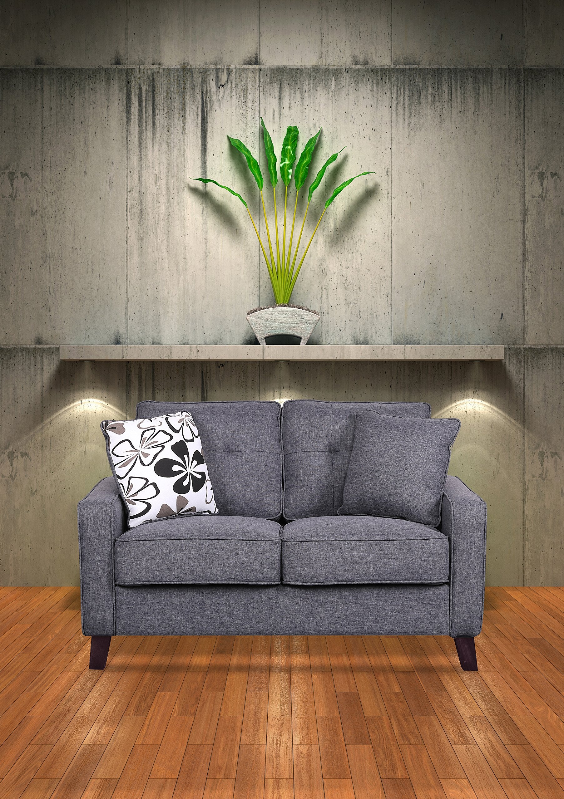Furniture Direct Lillana Linen Upholstered Mid-Century Modern Loveseat with Two Accent Pillows, Dark Grey