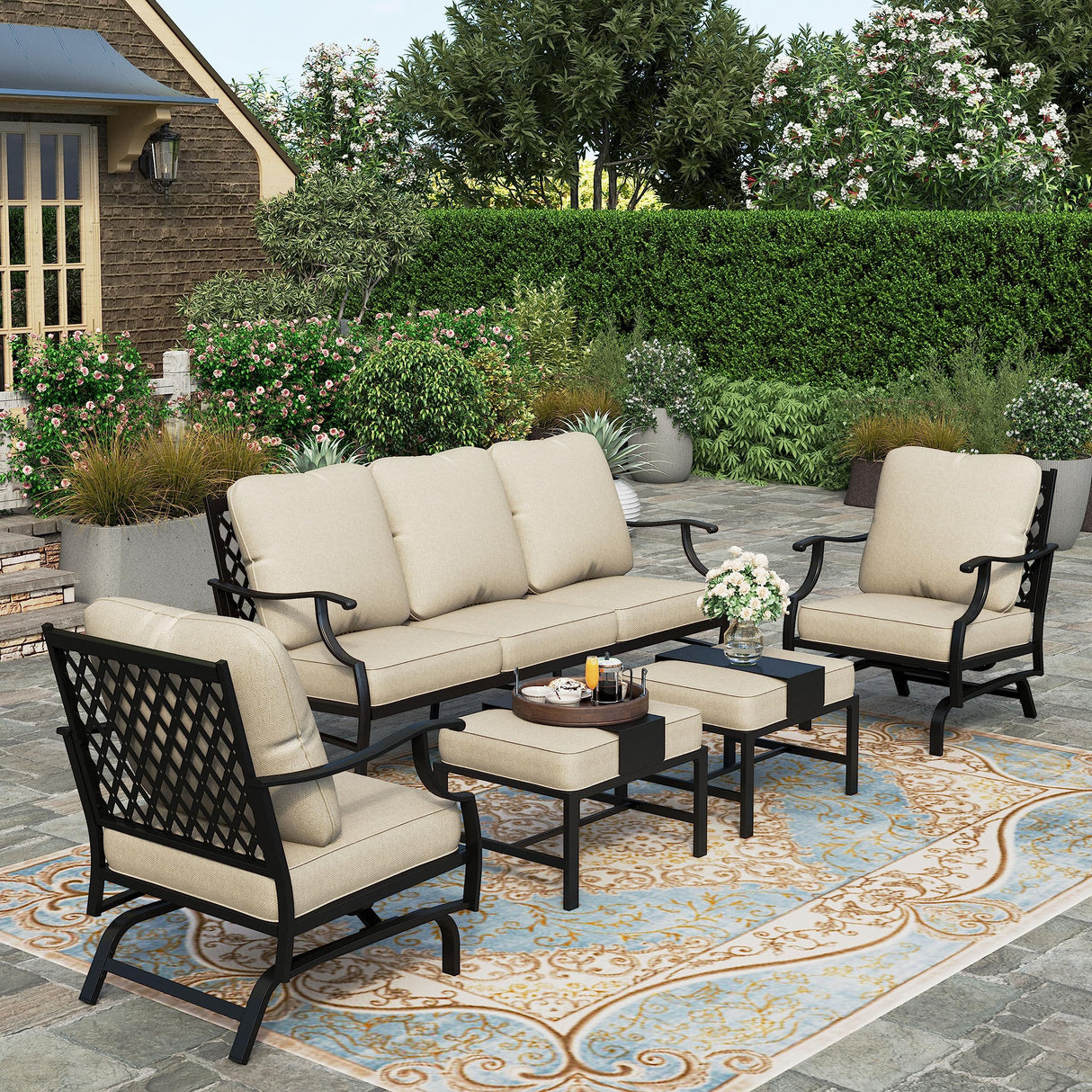 5 Pieces Patio Furniture Set, 2 x Cushioned Rocking Chair