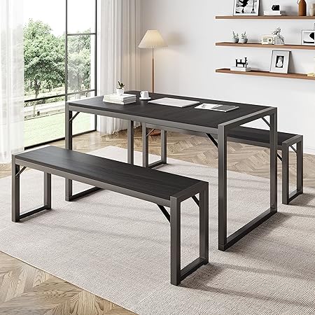 3-Piece Dining Table Set for 4-6, Heavy Duty Kitchen with Metal Frame and Wood Board