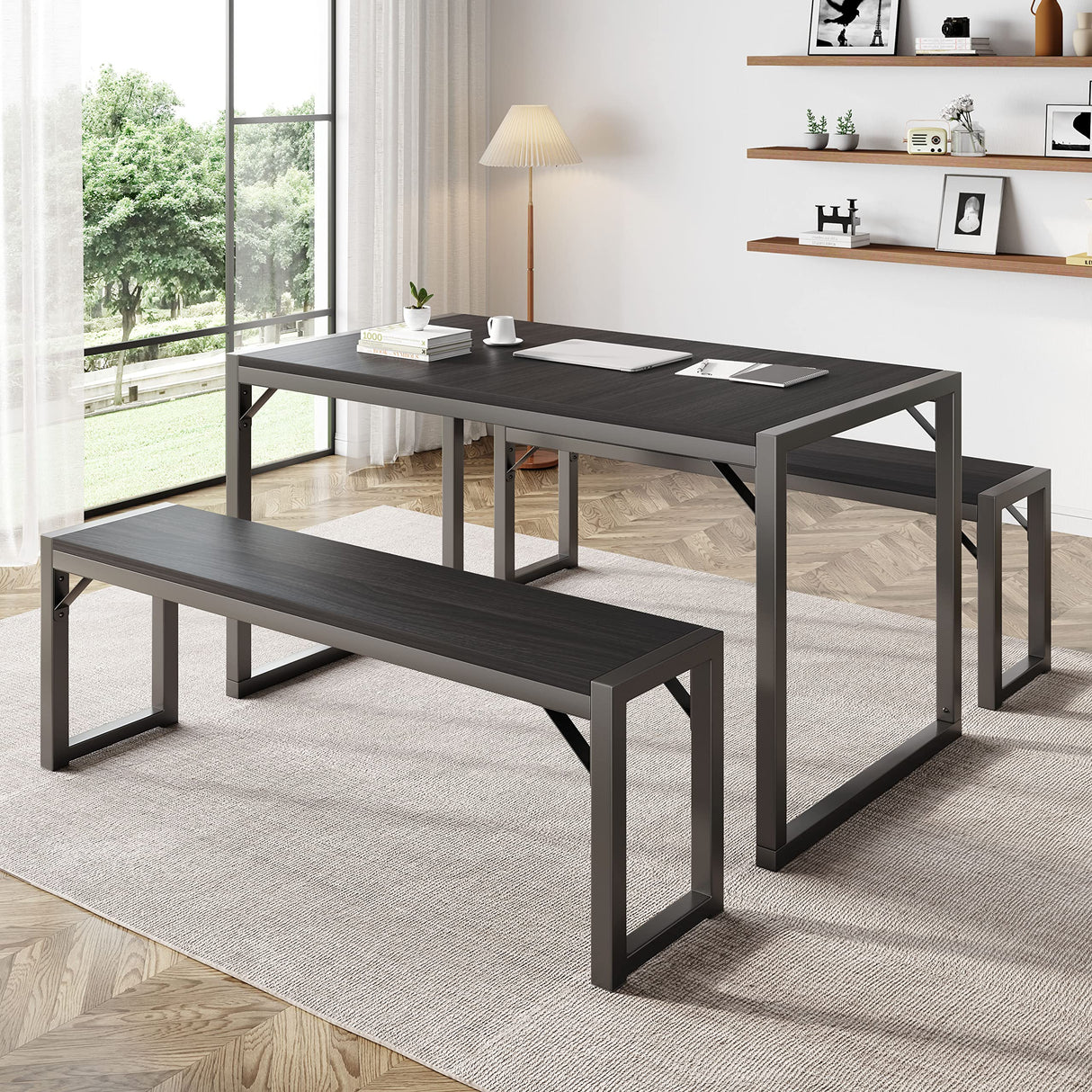 3-Piece Dining Table Set for 4-6, Heavy Duty Kitchen with Metal Frame and Wood Board